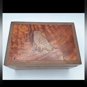 Brass Inlaid Owl Burl Wood Music Jewelry Keepsake Box